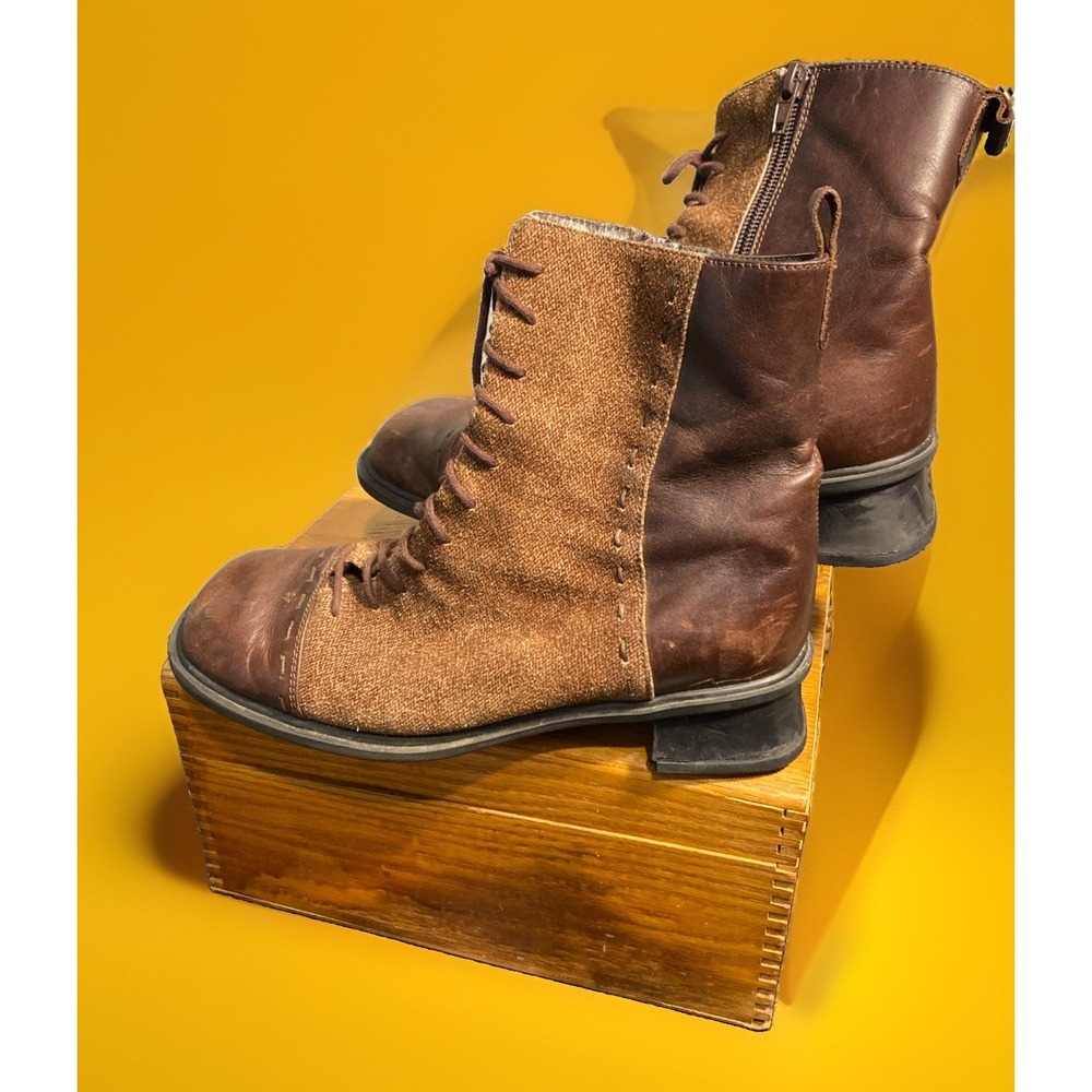 Naot Brown Leather Herringbone Lace Up Heeled Boots Israel Size 38